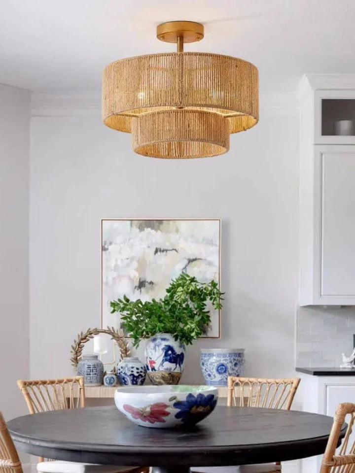 Lampa sufitowa boho trzypoziomowa z naturalnego sznurka