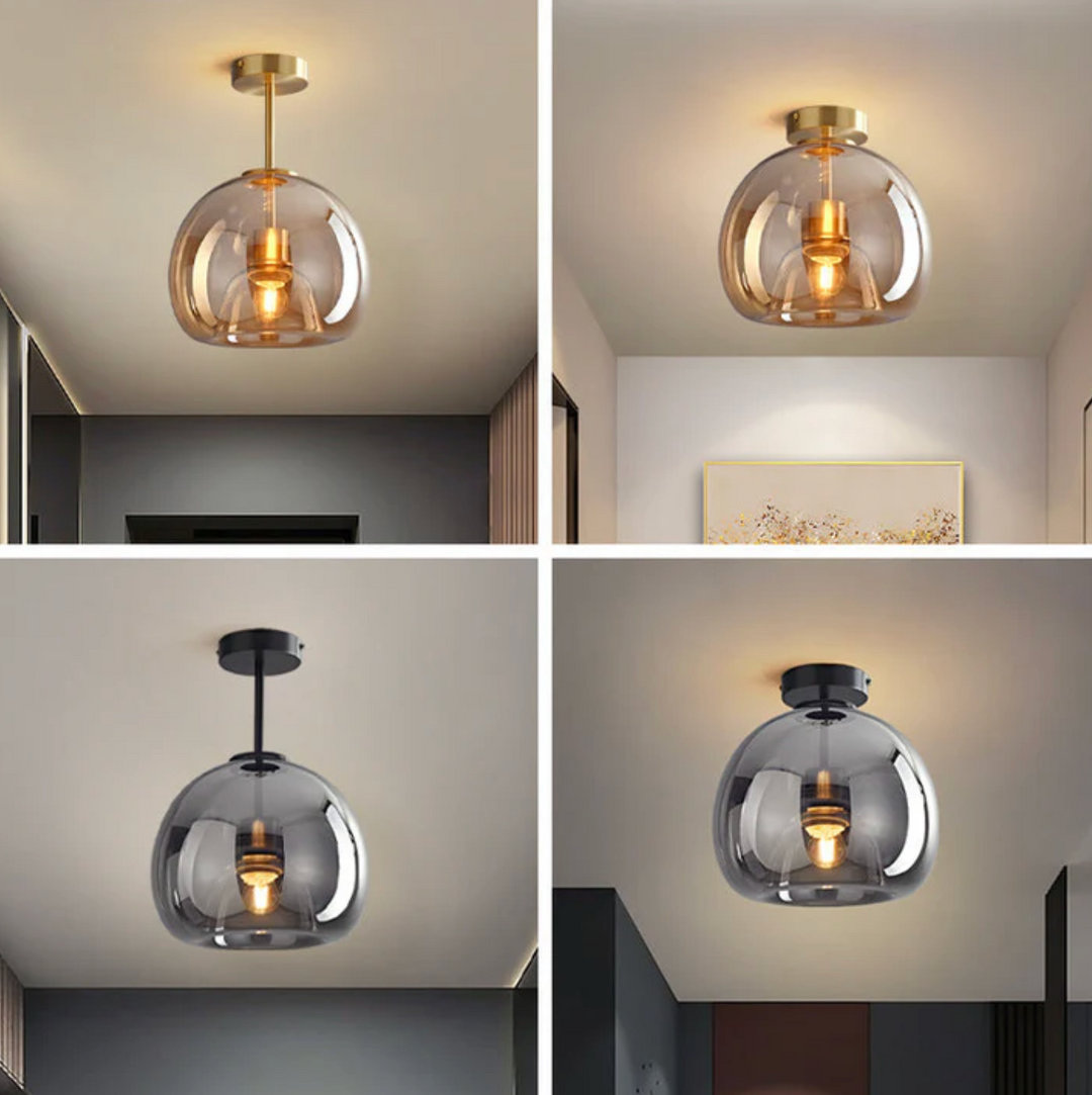 Lampa sufitowa w kształcie szklanej kuli z kloszem z przydymionego szkła