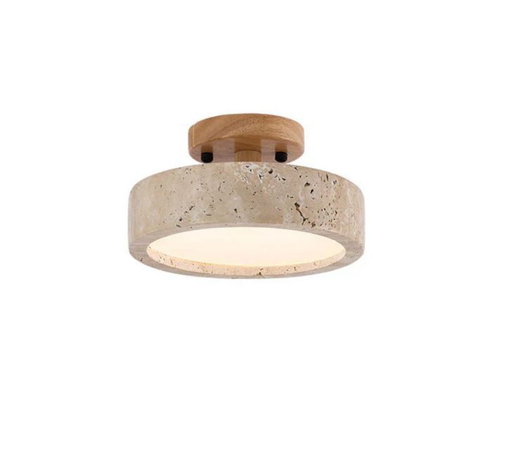 Lampa sufitowa z kamiennym kloszem i drewnianym baldachimem