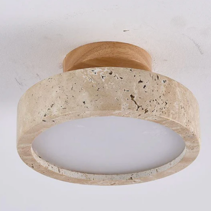 Lampa sufitowa z kamiennym kloszem i drewnianym baldachimem