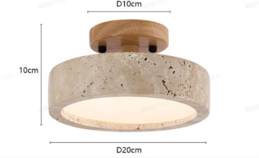 Lampa sufitowa z kamiennym kloszem i drewnianym baldachimem