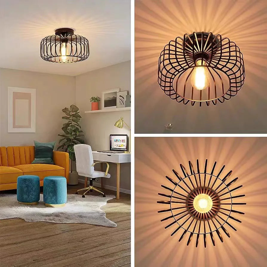 Lampa sufitowa z kloszem drucianym i efektem cienia na suficie