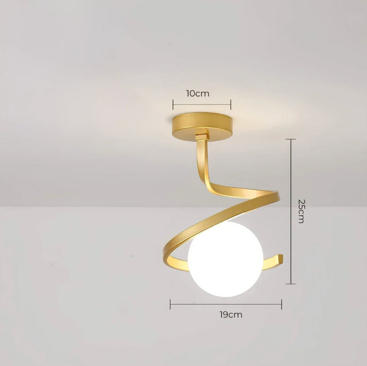 Lampa sufitowa z mleczną kulą i spiralnym ramieniem