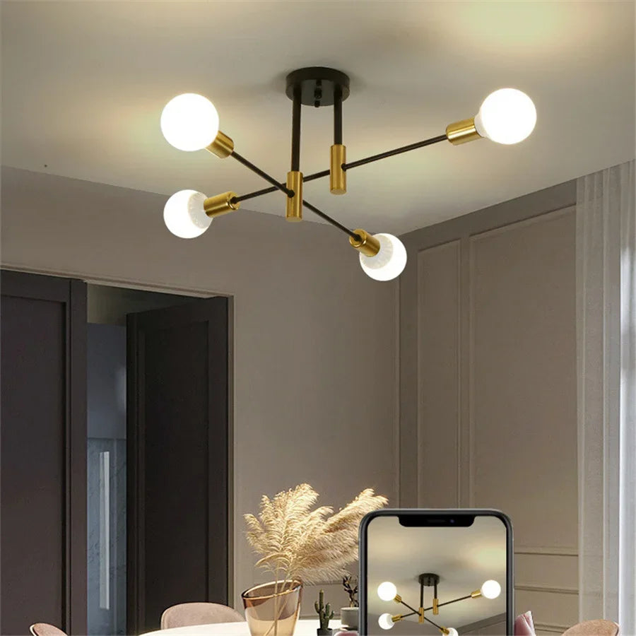 Lampa sufitowa z punktami świetlnymi i metalowymi ramionami poprzecznymi