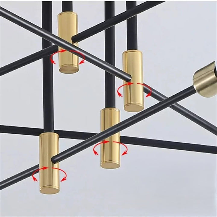Lampa sufitowa z punktami świetlnymi i metalowymi ramionami poprzecznymi
