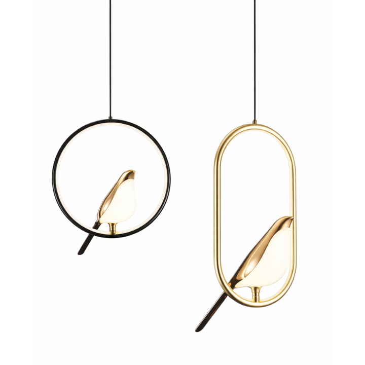 Lampa wisząca LED z obręczą i dekoracyjnym motywem ptaka