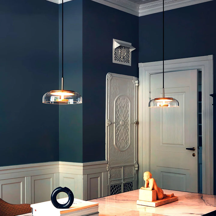 Lampa wisząca LED z płaskim szklanym kloszem przezroczysta kopuła na mosiężnym trzpieniu