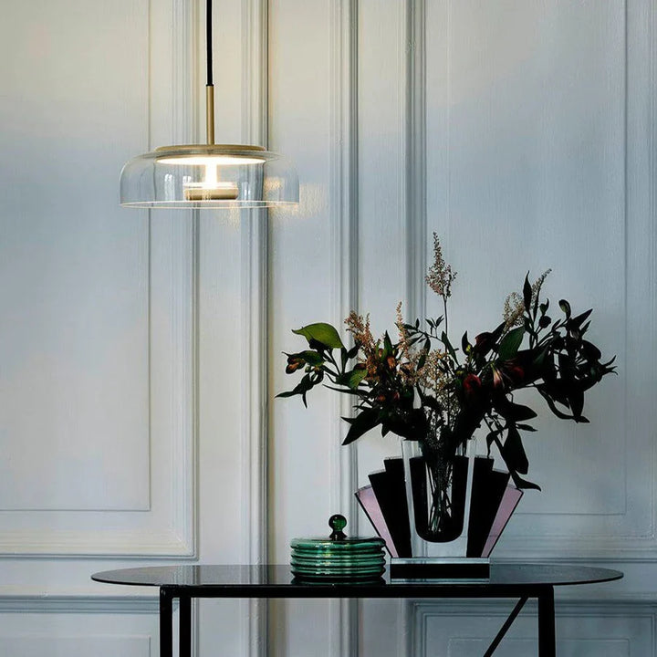 Lampa wisząca LED z płaskim szklanym kloszem przezroczysta kopuła na mosiężnym trzpieniu