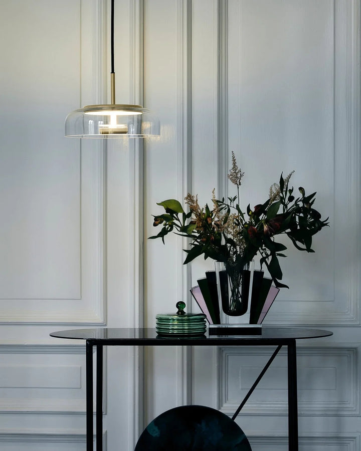 Lampa wisząca LED z płaskim szklanym kloszem przezroczysta kopuła na mosiężnym trzpieniu