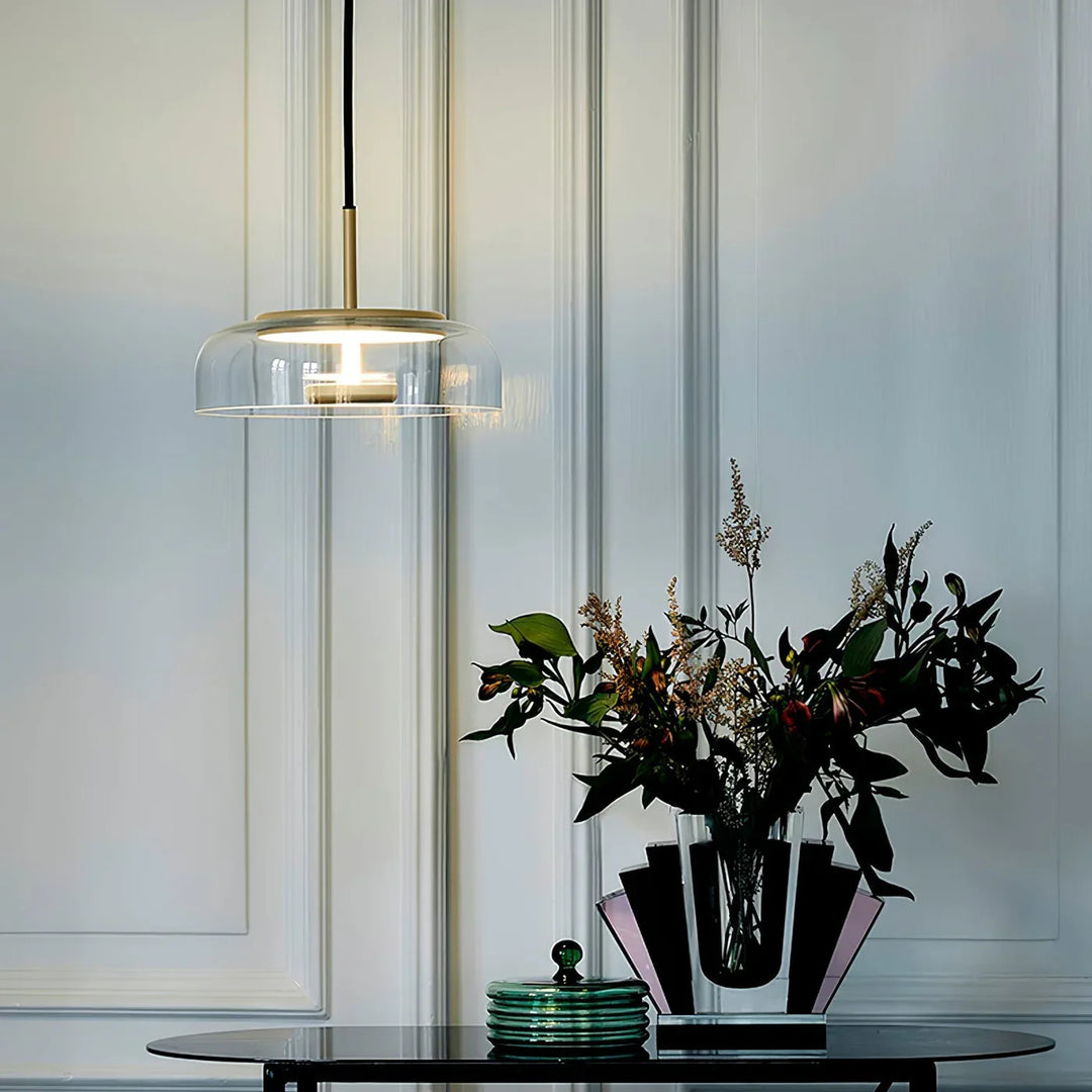 Lampa wisząca LED z płaskim szklanym kloszem przezroczysta kopuła na mosiężnym trzpieniu