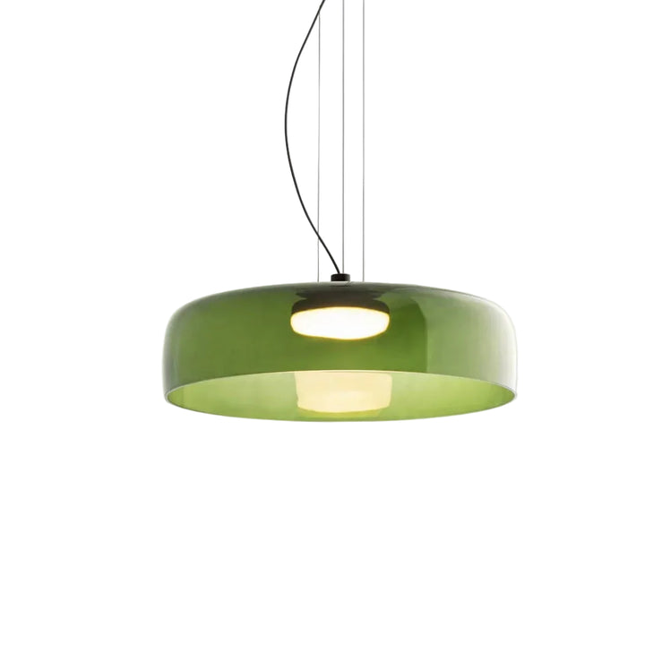 Lampa wisząca LED z szerokim płytkim szklanym kloszem i centralnym dyfuzorem LED