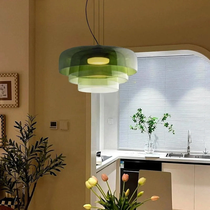 Lampa wisząca LED z szerokim płytkim szklanym kloszem i centralnym dyfuzorem LED