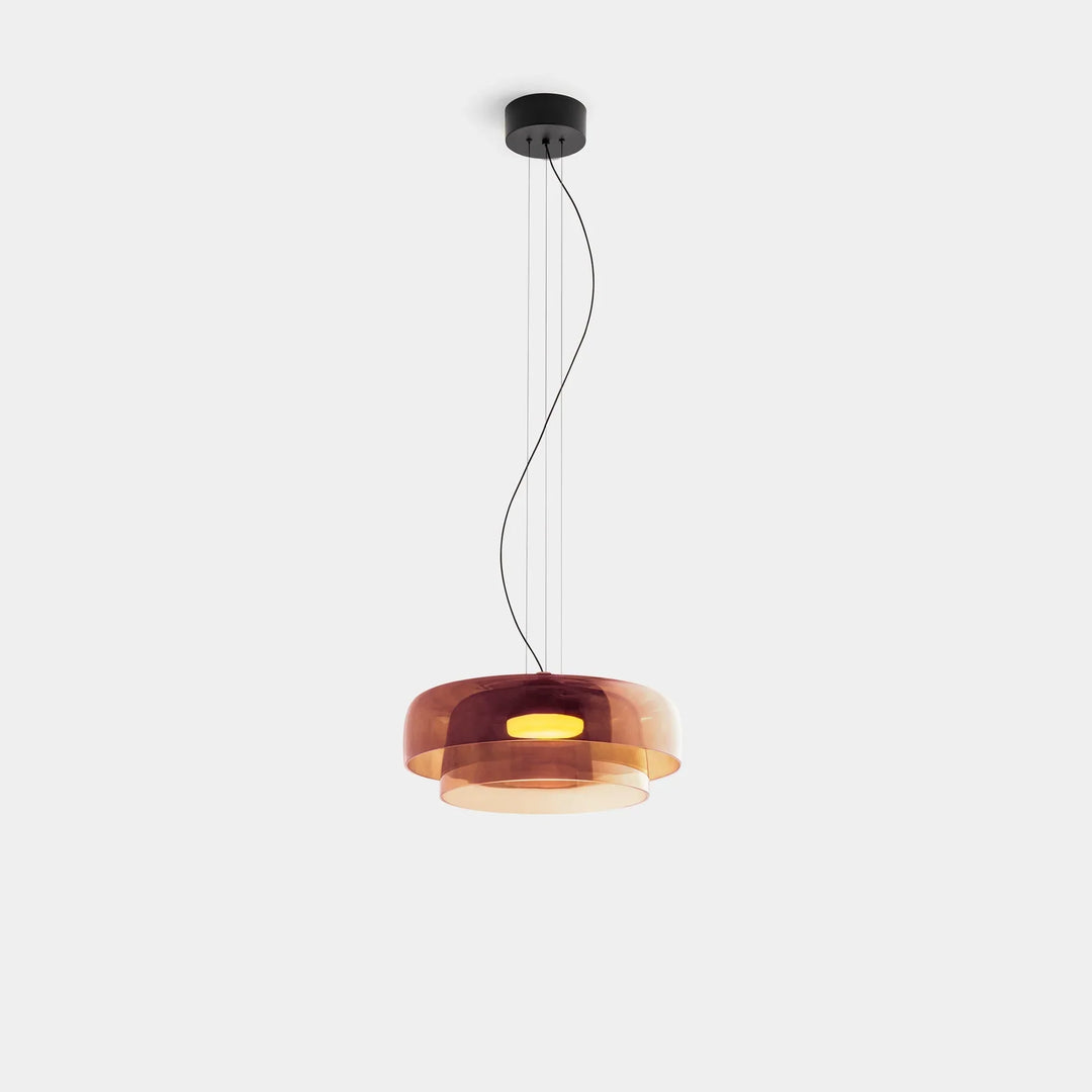 Lampa wisząca LED z szerokim płytkim szklanym kloszem i centralnym dyfuzorem LED