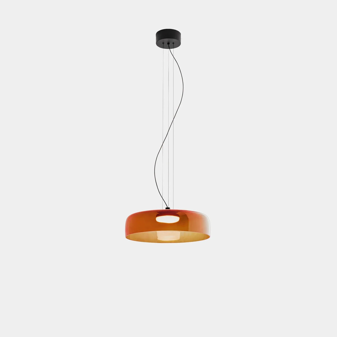 Lampa wisząca LED z szerokim płytkim szklanym kloszem i centralnym dyfuzorem LED