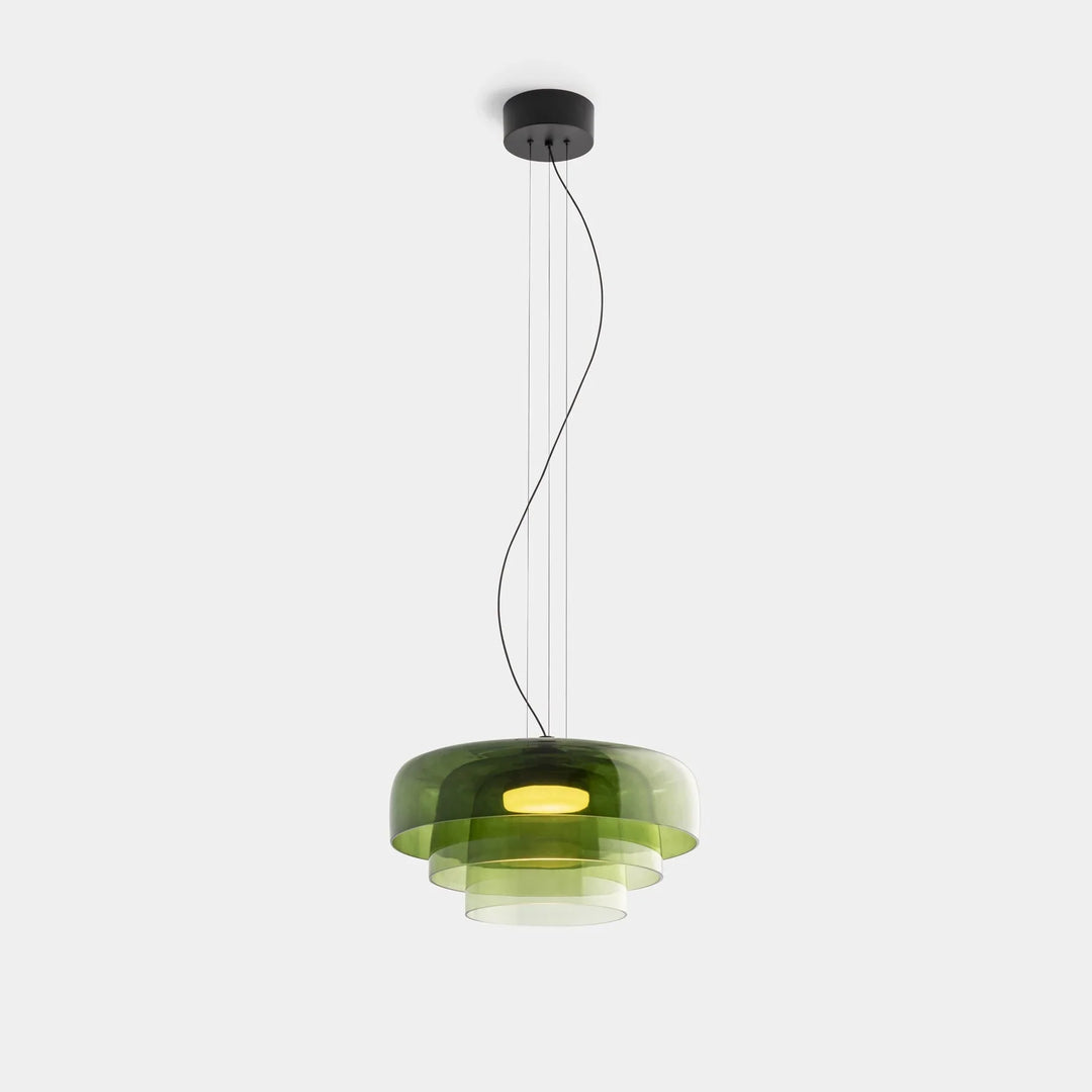 Lampa wisząca LED z szerokim płytkim szklanym kloszem i centralnym dyfuzorem LED