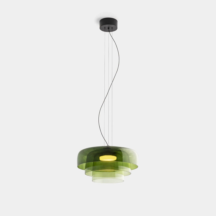 Lampa wisząca LED z szerokim płytkim szklanym kloszem i centralnym dyfuzorem LED