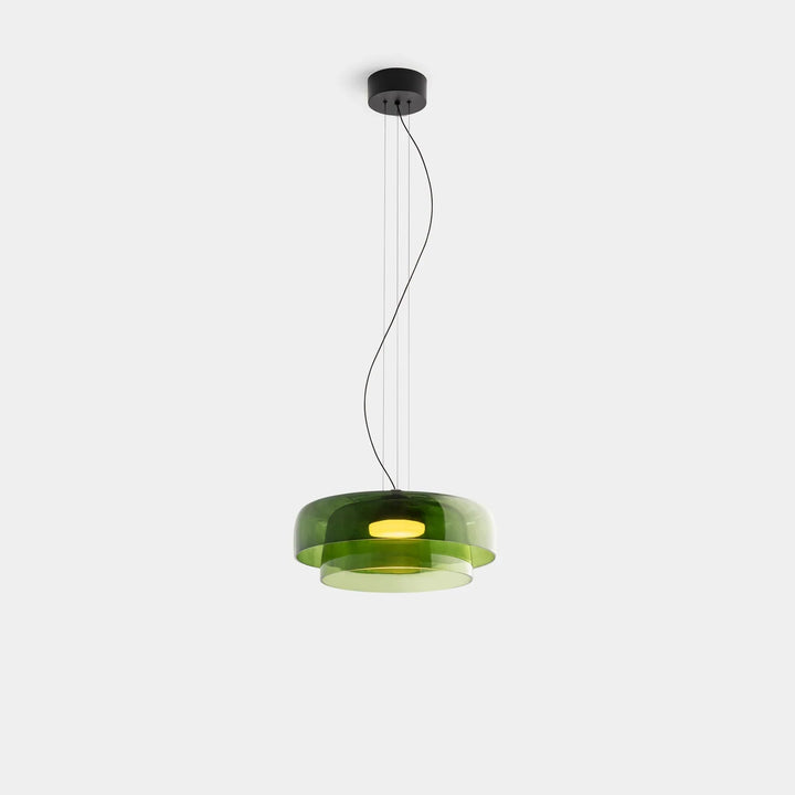 Lampa wisząca LED z szerokim płytkim szklanym kloszem i centralnym dyfuzorem LED