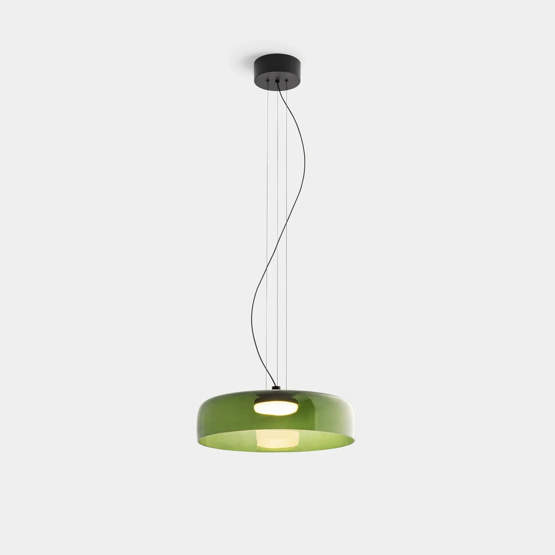 Lampa wisząca LED z szerokim płytkim szklanym kloszem i centralnym dyfuzorem LED