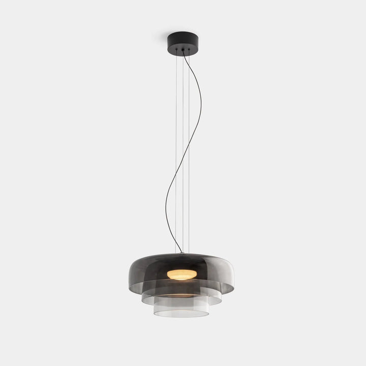 Lampa wisząca LED z szerokim płytkim szklanym kloszem i centralnym dyfuzorem LED