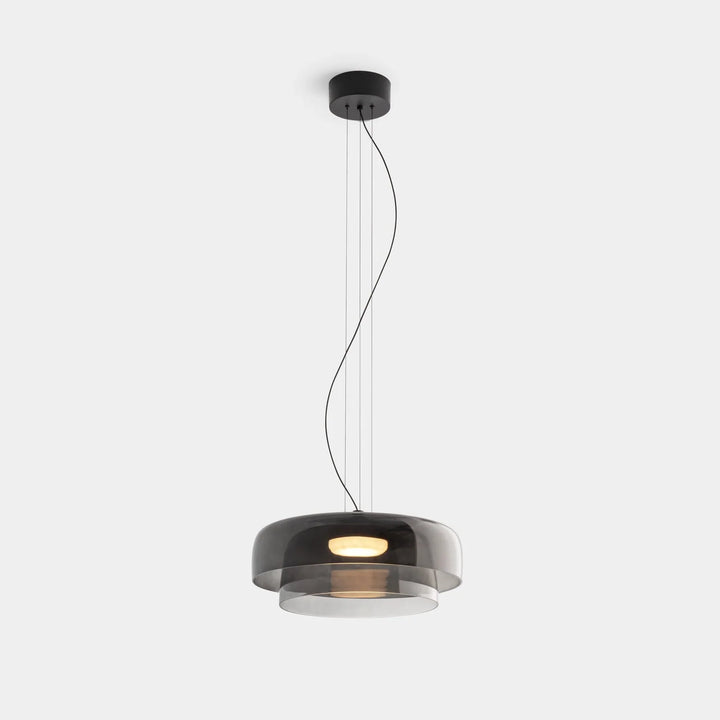 Lampa wisząca LED z szerokim płytkim szklanym kloszem i centralnym dyfuzorem LED