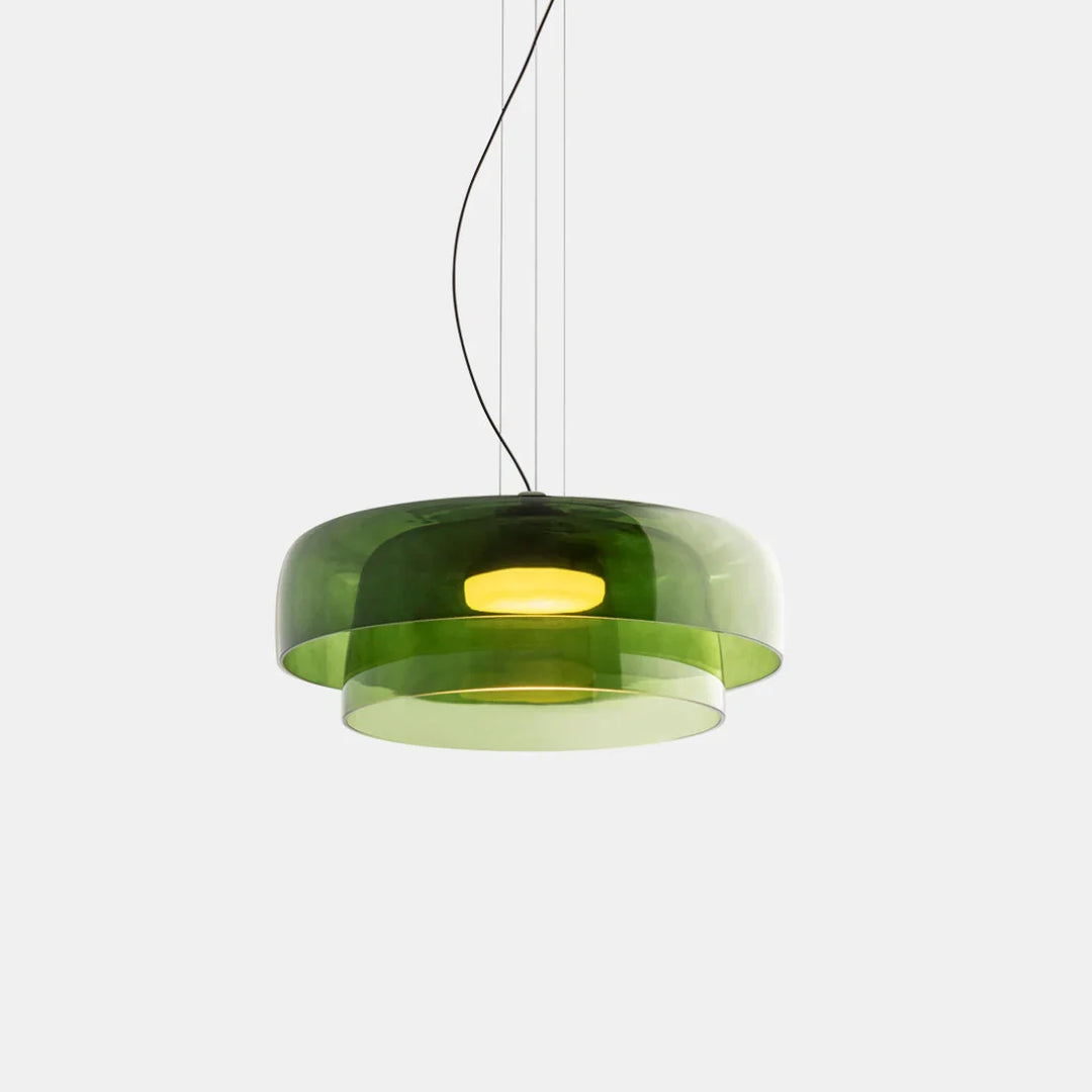 Lampa wisząca LED z szerokim płytkim szklanym kloszem i centralnym dyfuzorem LED