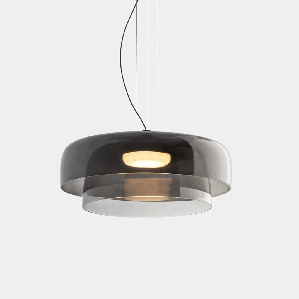 Lampa wisząca LED z szerokim płytkim szklanym kloszem i centralnym dyfuzorem LED