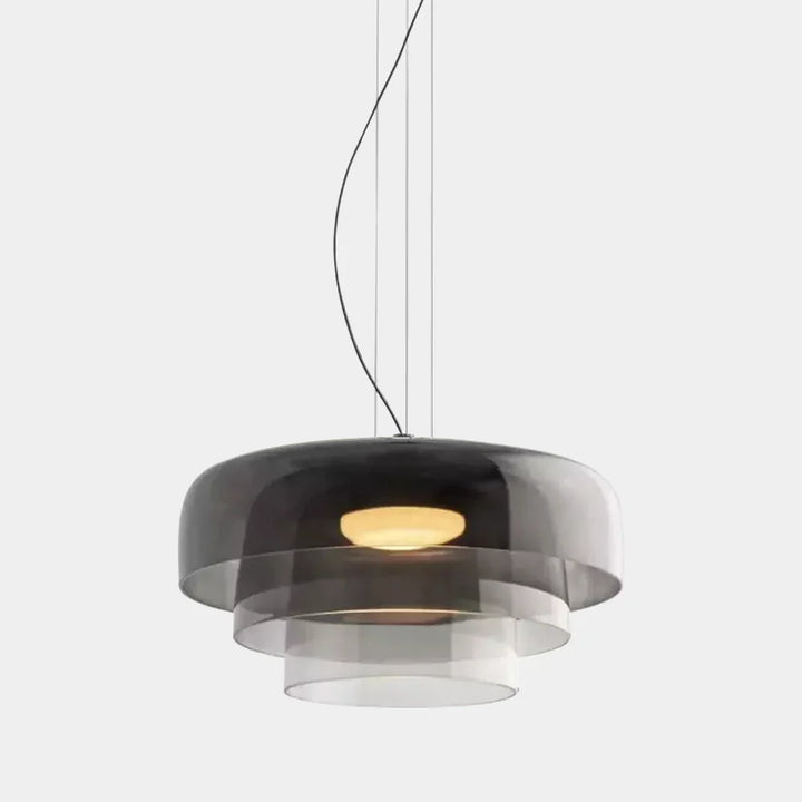 Lampa wisząca LED z szerokim płytkim szklanym kloszem i centralnym dyfuzorem LED