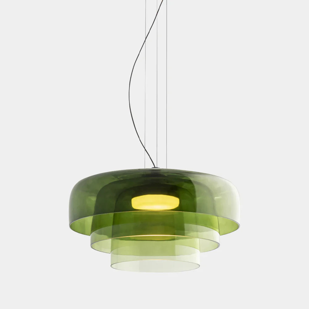 Lampa wisząca LED z szerokim płytkim szklanym kloszem i centralnym dyfuzorem LED