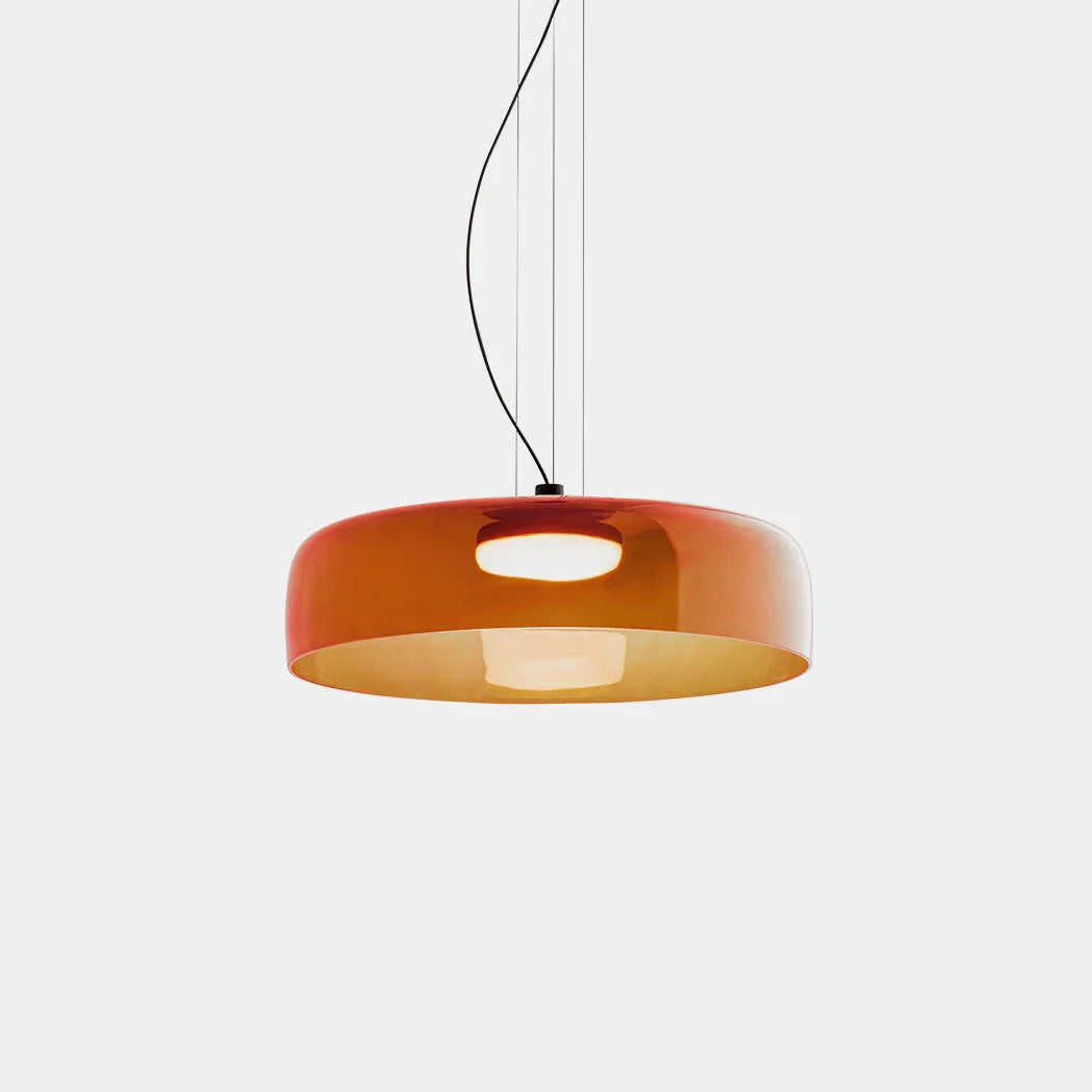 Lampa wisząca LED z szerokim płytkim szklanym kloszem i centralnym dyfuzorem LED