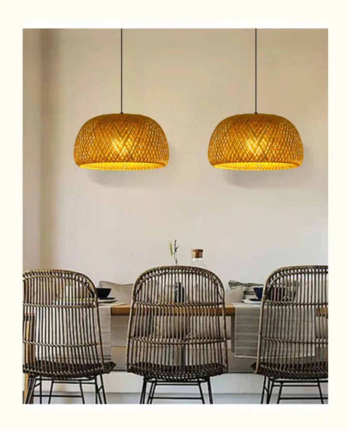 Lampa wisząca boho z bambusa z kloszem w kształcie kopuły ażurowym