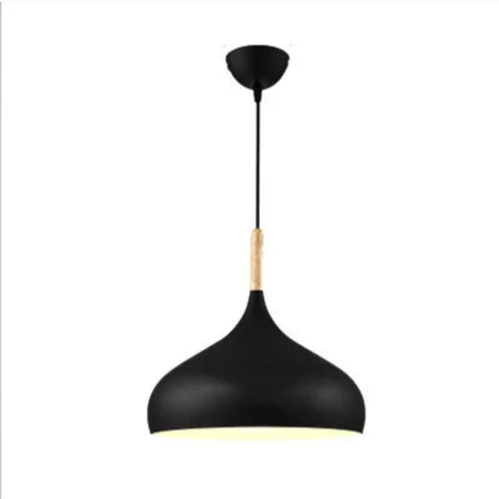 Lampa wisząca metalowy klosz w kształcie kropli z drewnem