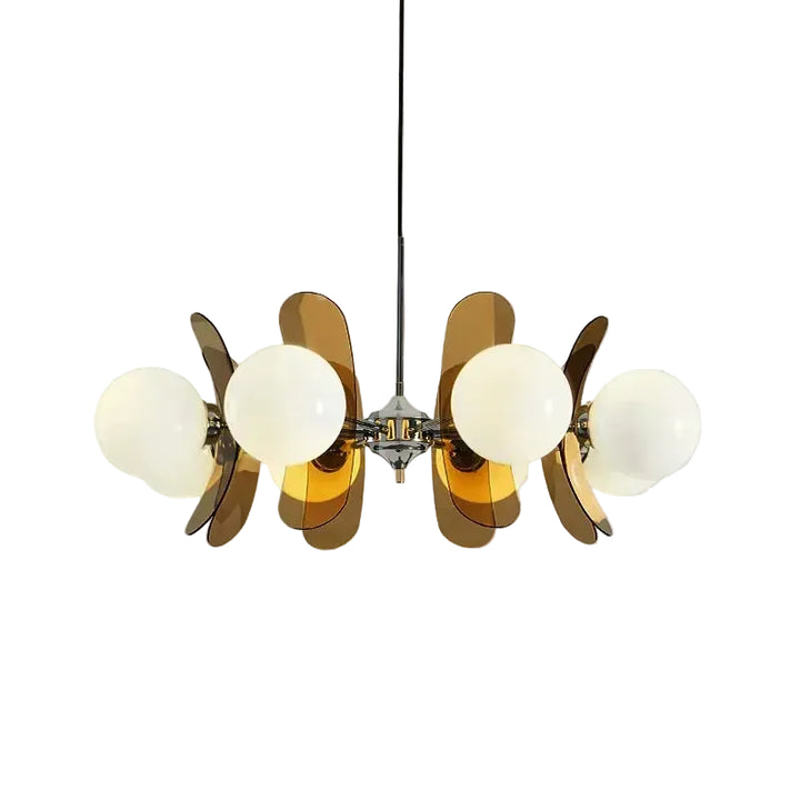 Lampa wisząca w stylu Bauhaus z kulistymi kloszami i dekoracyjnymi panelami z bursztynu