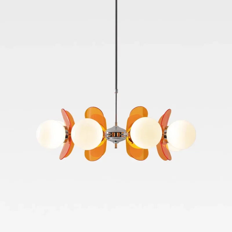 Lampa wisząca w stylu Bauhaus z kulistymi kloszami i dekoracyjnymi panelami z bursztynu