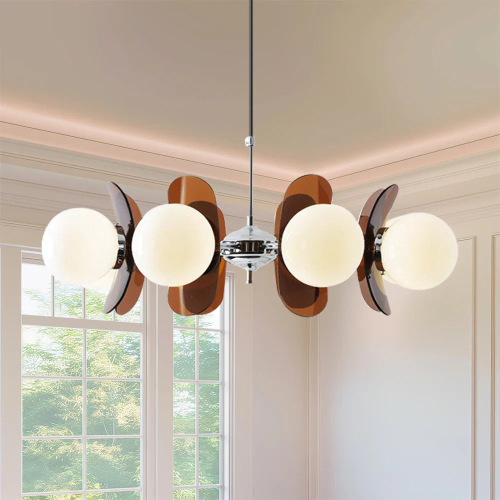 Lampa wisząca w stylu Bauhaus z kulistymi kloszami i dekoracyjnymi panelami z bursztynu