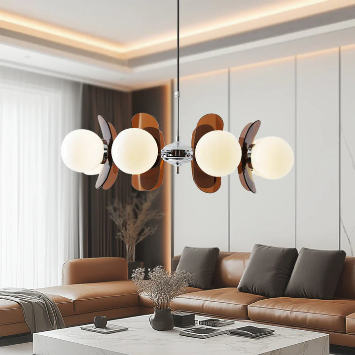Lampa wisząca w stylu Bauhaus z kulistymi kloszami i dekoracyjnymi panelami z bursztynu