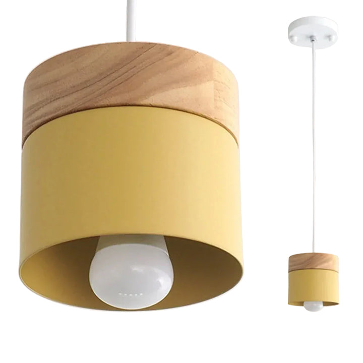 Lampa wisząca z cylindrycznym kloszem i drewnianym elementem górnym z pojedynczym źródłem światła