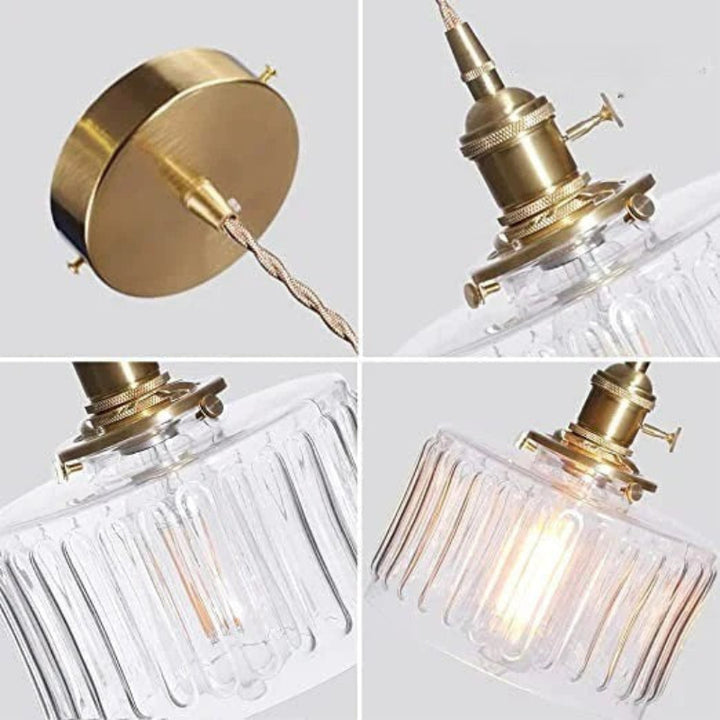 Lampa wisząca z cylindrycznym kloszem ze szkła ryflowanego i mosiężną oprawą