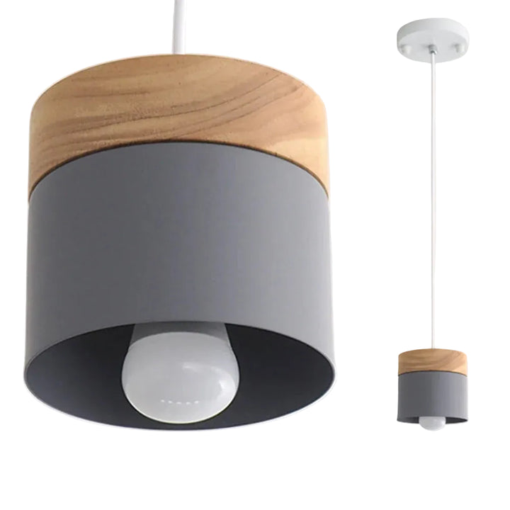 Lampa wisząca z cylindrycznym metalowym kloszem i drewnianą nakładką