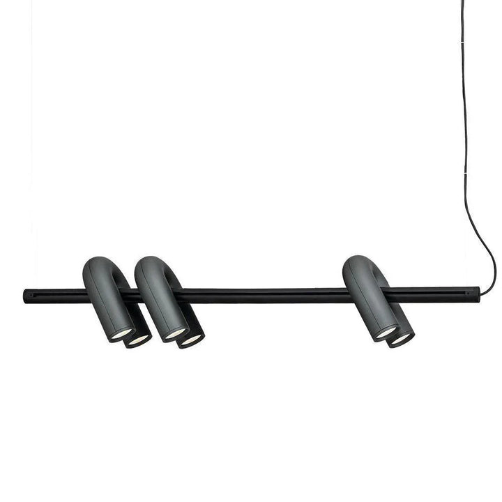 Lampa wisząca z cylindrycznymi punktami świetlnymi na łukowatych ramionach
