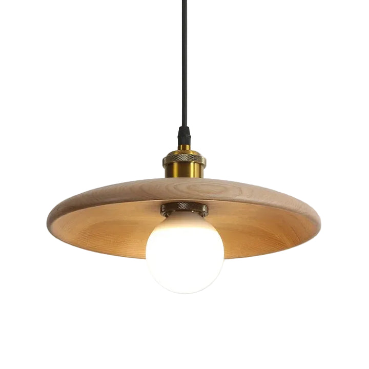 Lampa wisząca z drewnianym kloszem talerzowym i metalową oprawą