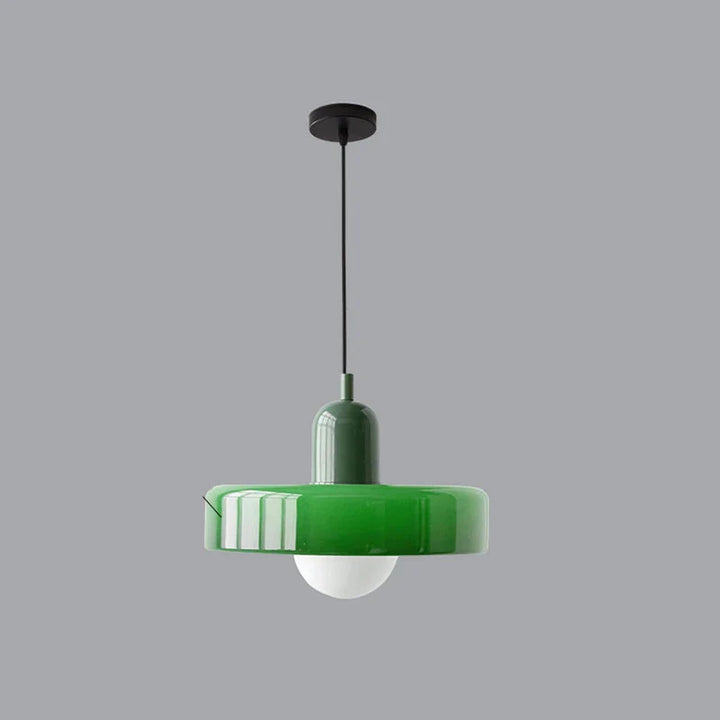Lampa wisząca z metalowym kloszem w kształcie dysku i ceramicznym detalem w kształcie kapsuły