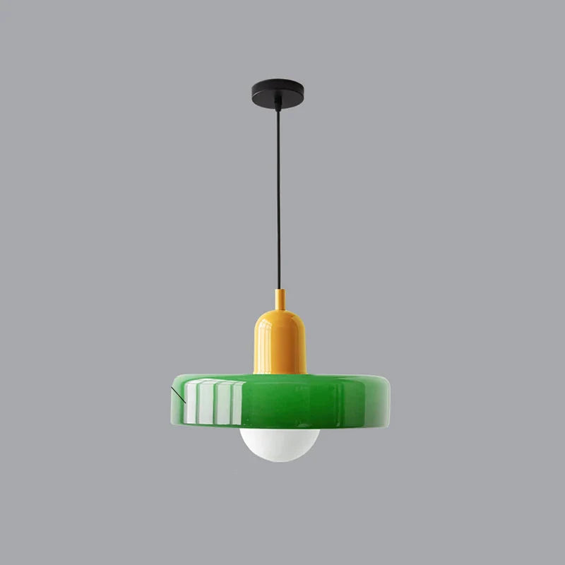 Lampa wisząca z metalowym kloszem w kształcie dysku i ceramicznym detalem w kształcie kapsuły