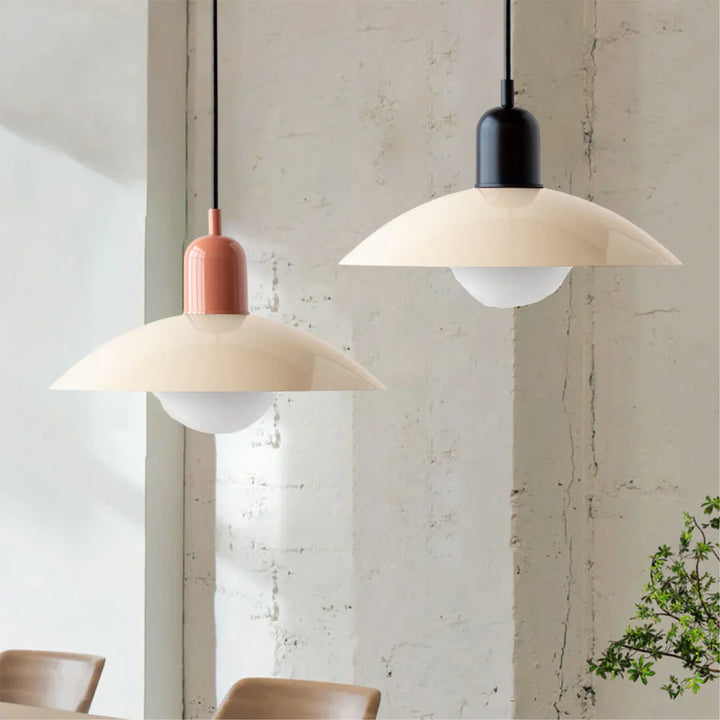 Lampa wisząca z płaskim metalowym kloszem dwuelementowa oprawa w stylu Bauhaus