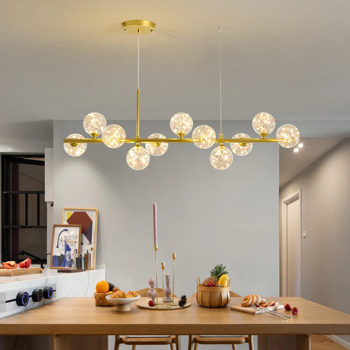 Lampa wisząca z poziomym ramieniem i kulistymi szklanymi kloszami