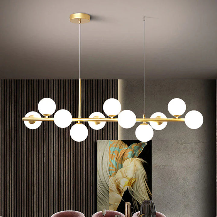 Lampa wisząca z poziomym ramieniem i kulistymi szklanymi kloszami