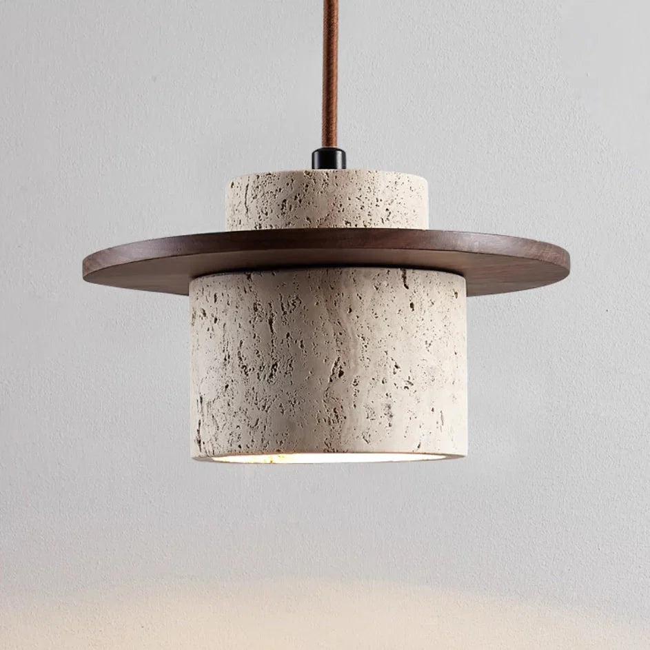 Lampa wisząca z trawertynu i drewna