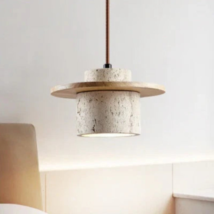 Lampa wisząca z trawertynu i drewna