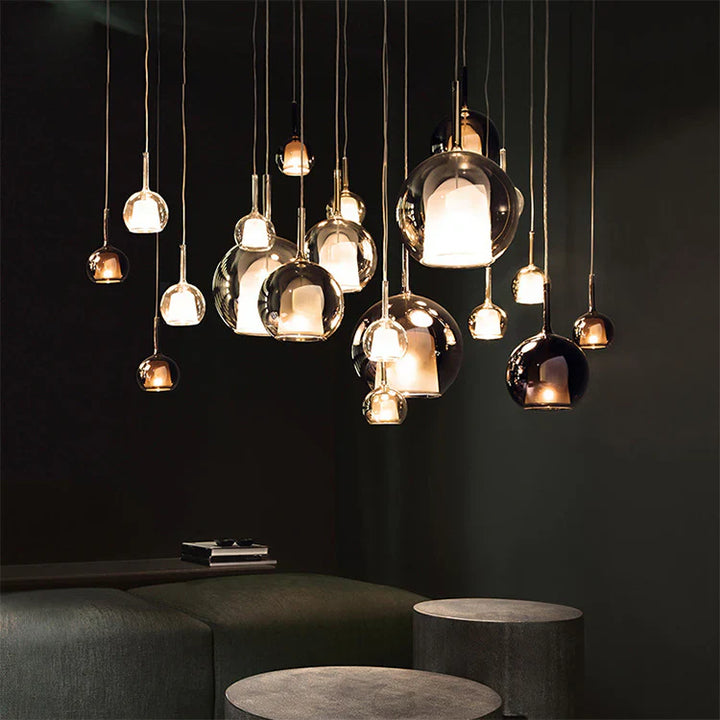 Lampa wisząca ze szklaną kulą podwójny klosz z mlecznym wewnętrznym dzwonem