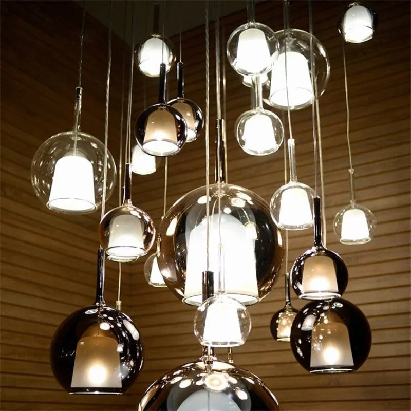 Lampa wisząca ze szklaną kulą podwójny klosz z mlecznym wewnętrznym dzwonem