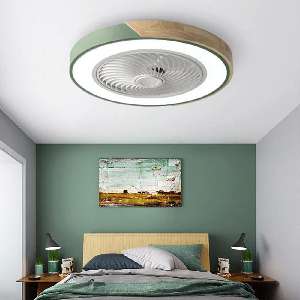 Okrągła lampa sufitowa LED z wentylatorem i wykończeniem drewnianym